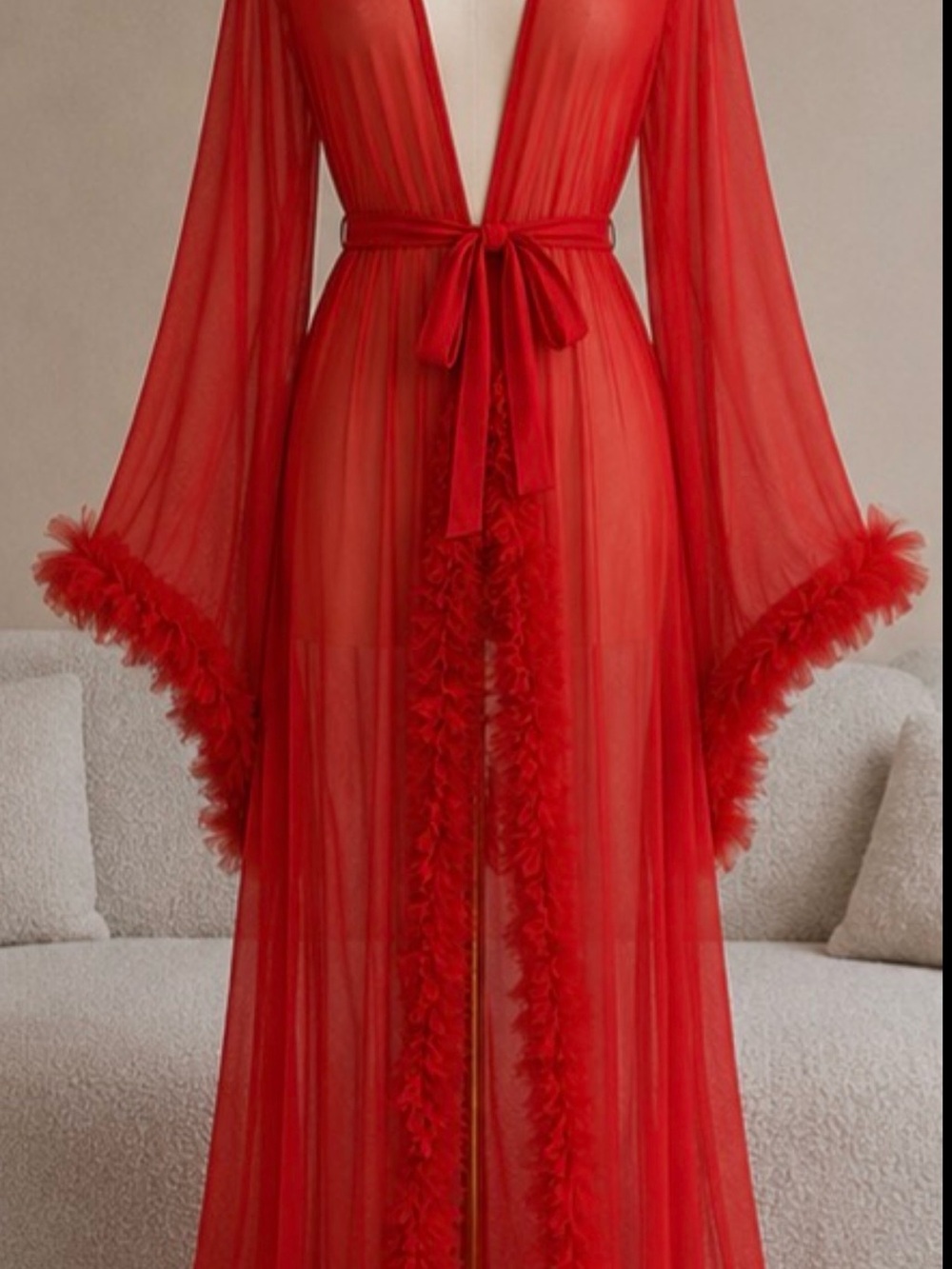 Red Sheer Ruffle Maxi Robe | Floor-Length Bell Sleeve Lingerie Robe - Picture 2 of 3